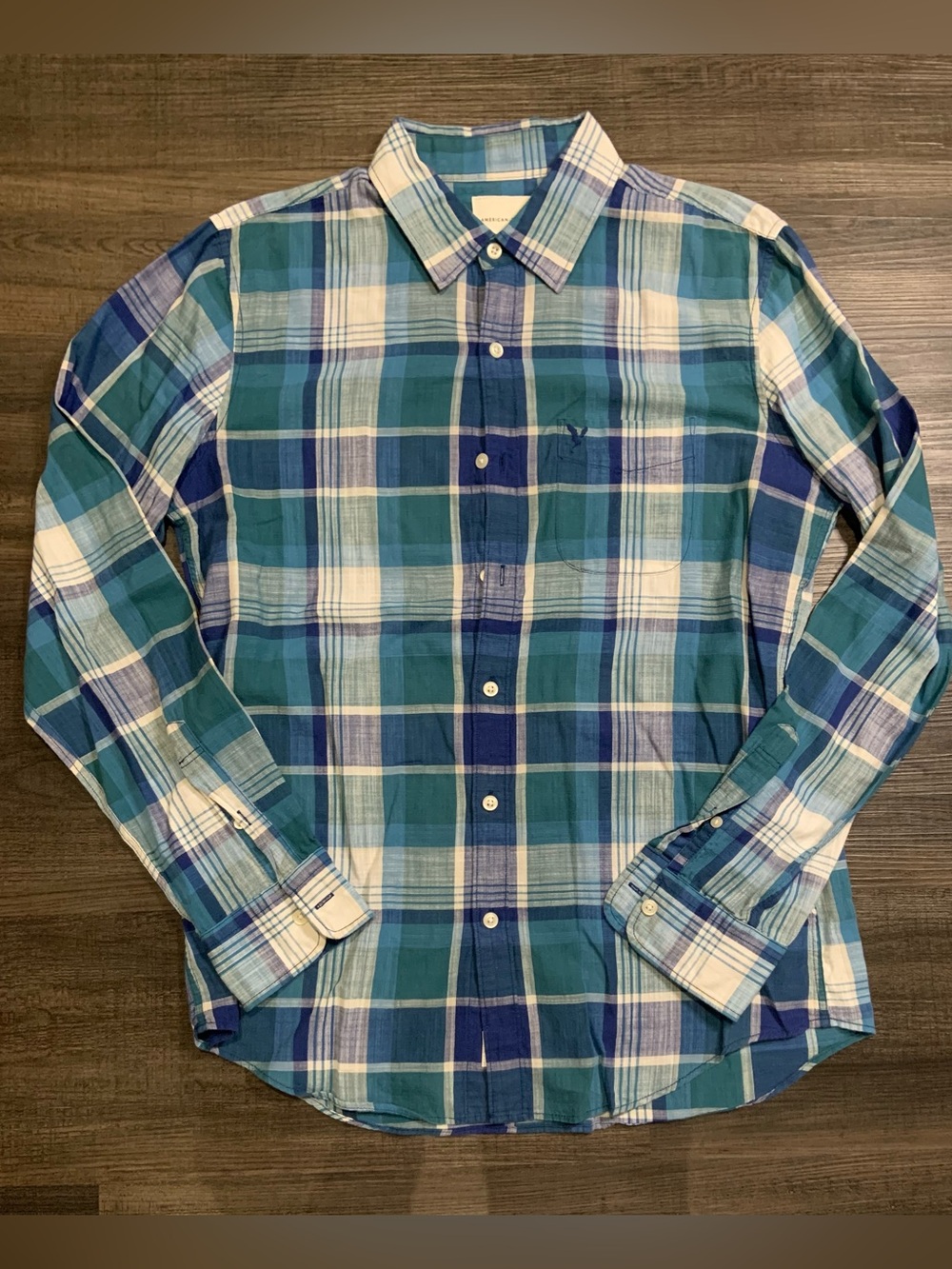 American Eagle Outfitters Teal, Blue & White Plaid Button-Down Shirt